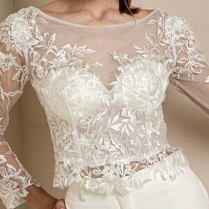 ROSEMORE COUTURE GOTH FAIRY WEDDING SHEER EMBROIDERED CROP SEQUIN BLOUSE TOP L